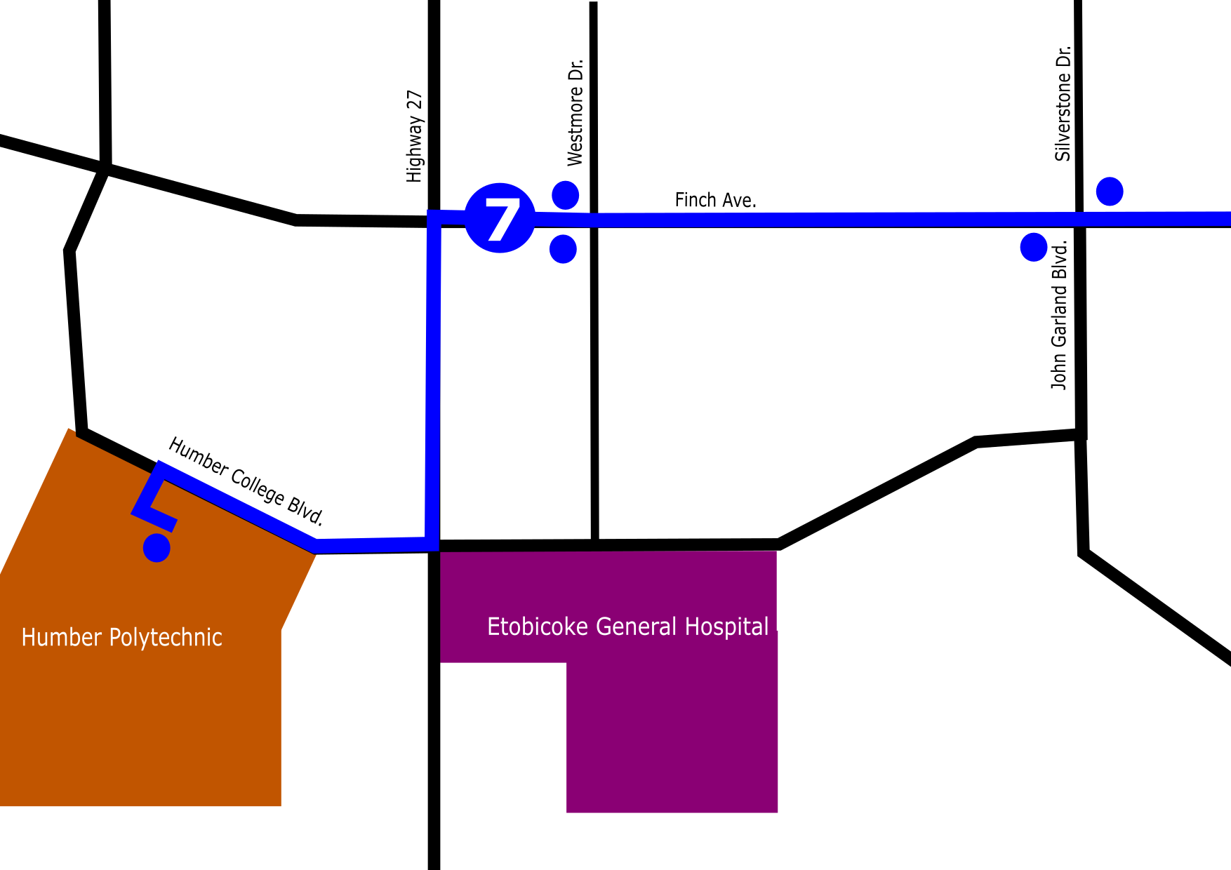 7 Martin Grove reaches Humber College from Martin Grove Rd. 
        via Finch Ave., Highway 27, and Humber College Blvd.